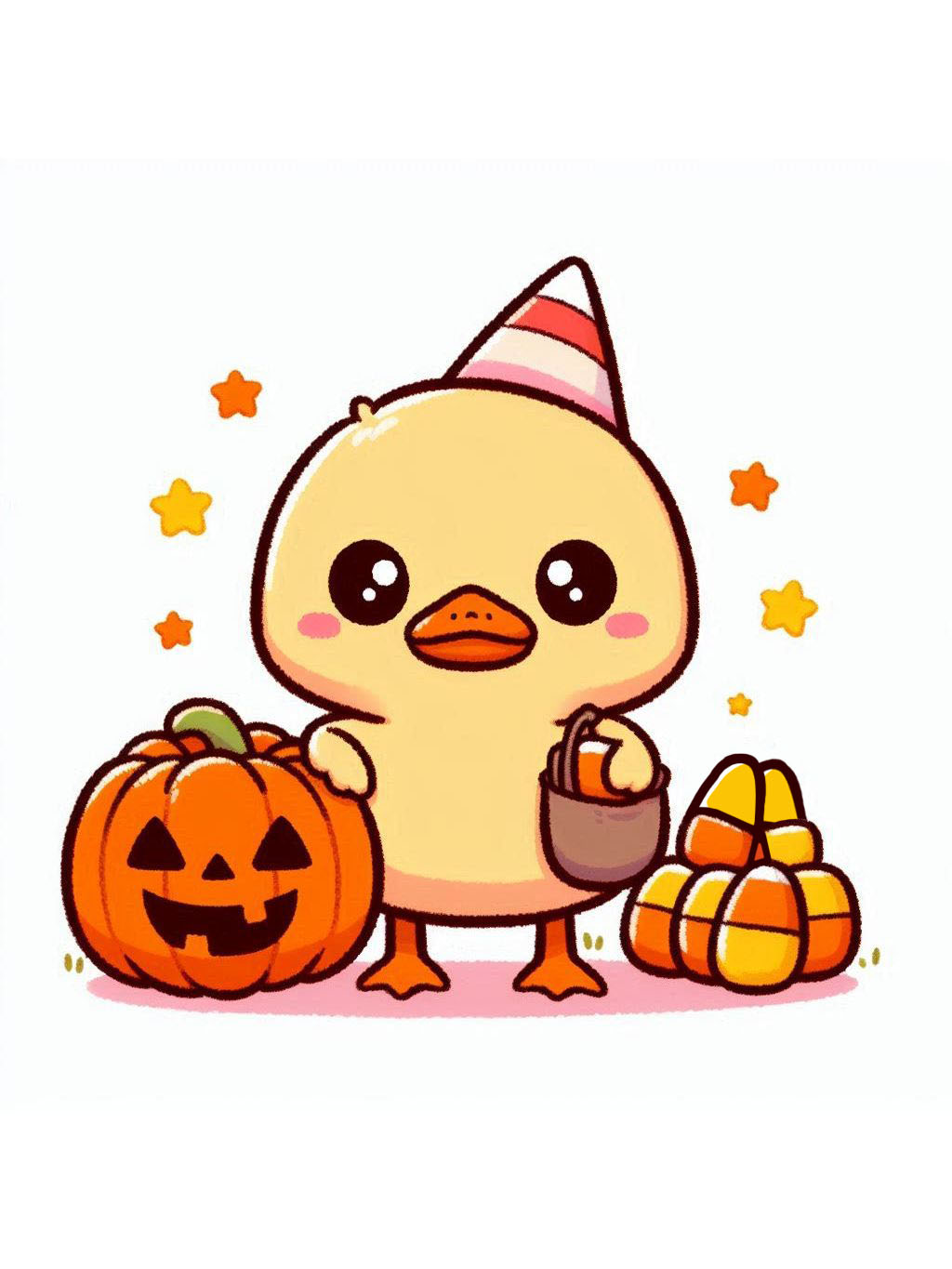 halloween cute animals drawings featuring a cute duck dressed as a candy corn for Halloween, surrounded by pumpkins and holding a candy bucket.